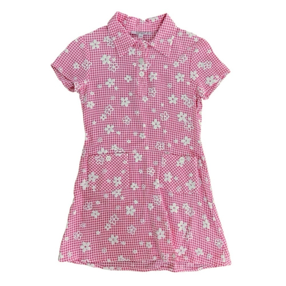 Vintage Rampage Kids Pink & White Flower Checkered Plaid Collard Dress Size 8-10
